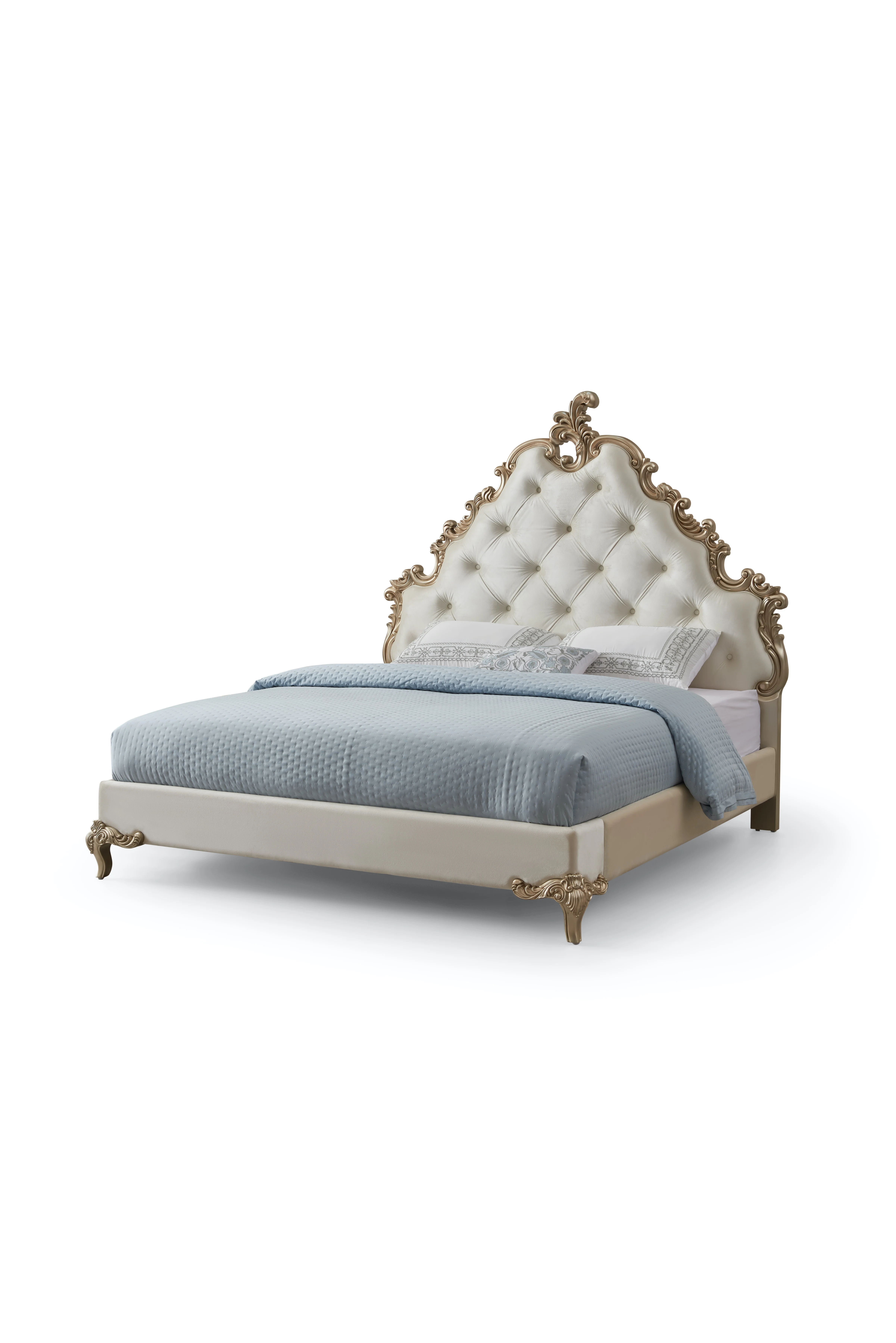 French Luxury Solid Wood Double Bed with Carved Frame European Bedroom Furniture with Light Buckle Design