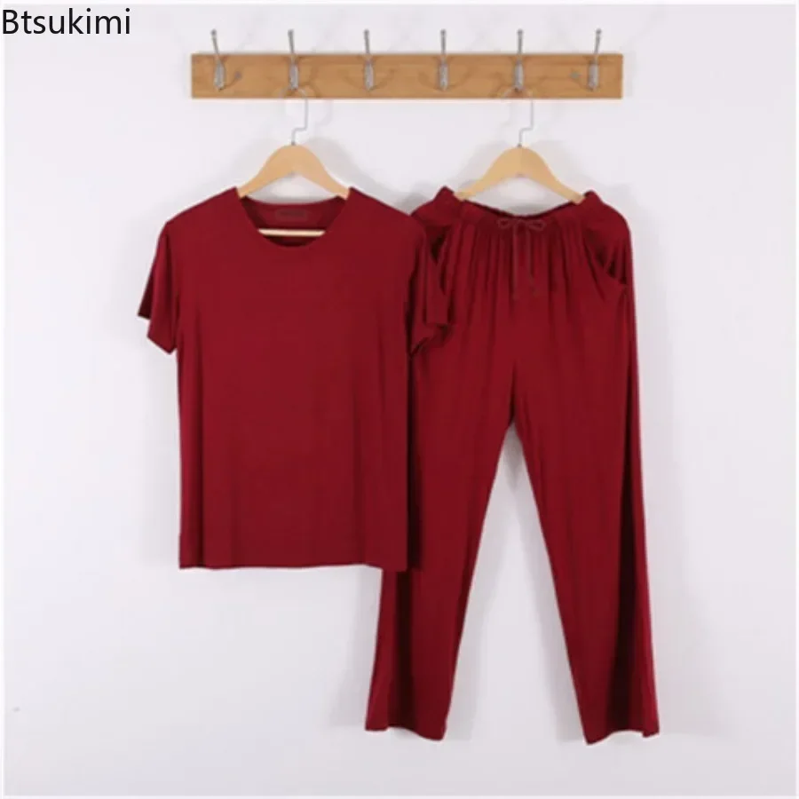 New 2024 Men\'s Casual Pajamas Sets Oversized Modal Short Sleeve and Pants Sets Male Sleepwear Soft Loose Home Clothes for Men