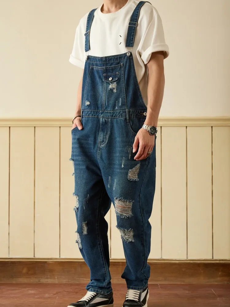 Fashion Mens Hole Ripped Jeans Denim Strap Overalls Multi Pockets Long Cargo Trousers Streetwear New Loose Fit Cowboy Jumpsuit