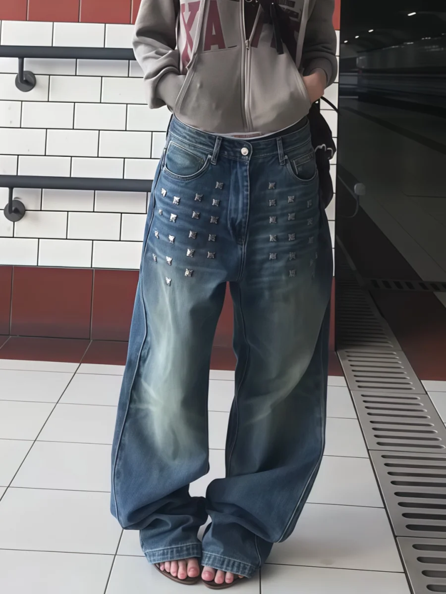 

Винтажные синие женские джинсы в американском стиле с заклепками, повседневные свободные широкие джинсовые брюки, весенне-осенние уличные джинсы для женщин