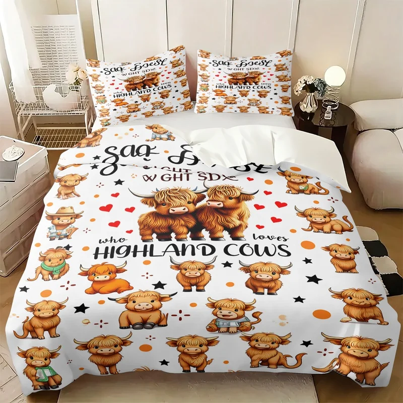 Cute Highland Cow Duvet Cover Set(1 Duvet Cover & 1/2 Pillowcase) Cartoon Animal Bedding Set Soft Microfiber Bed for Bedroom