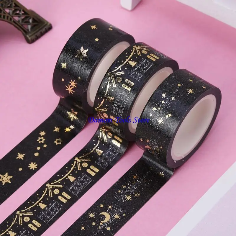 57BE Black Moon Stars Paper Sticky Adhesive Sticker Decorative Tape 1.5cm x 5m