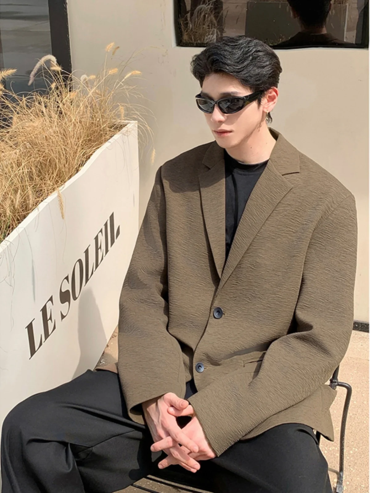 

Cé Brown Casual Tailored Coat Men's Autumn Trend Korean Sle Haome High-End Feel Jaet Polyester Fiber Long Sve