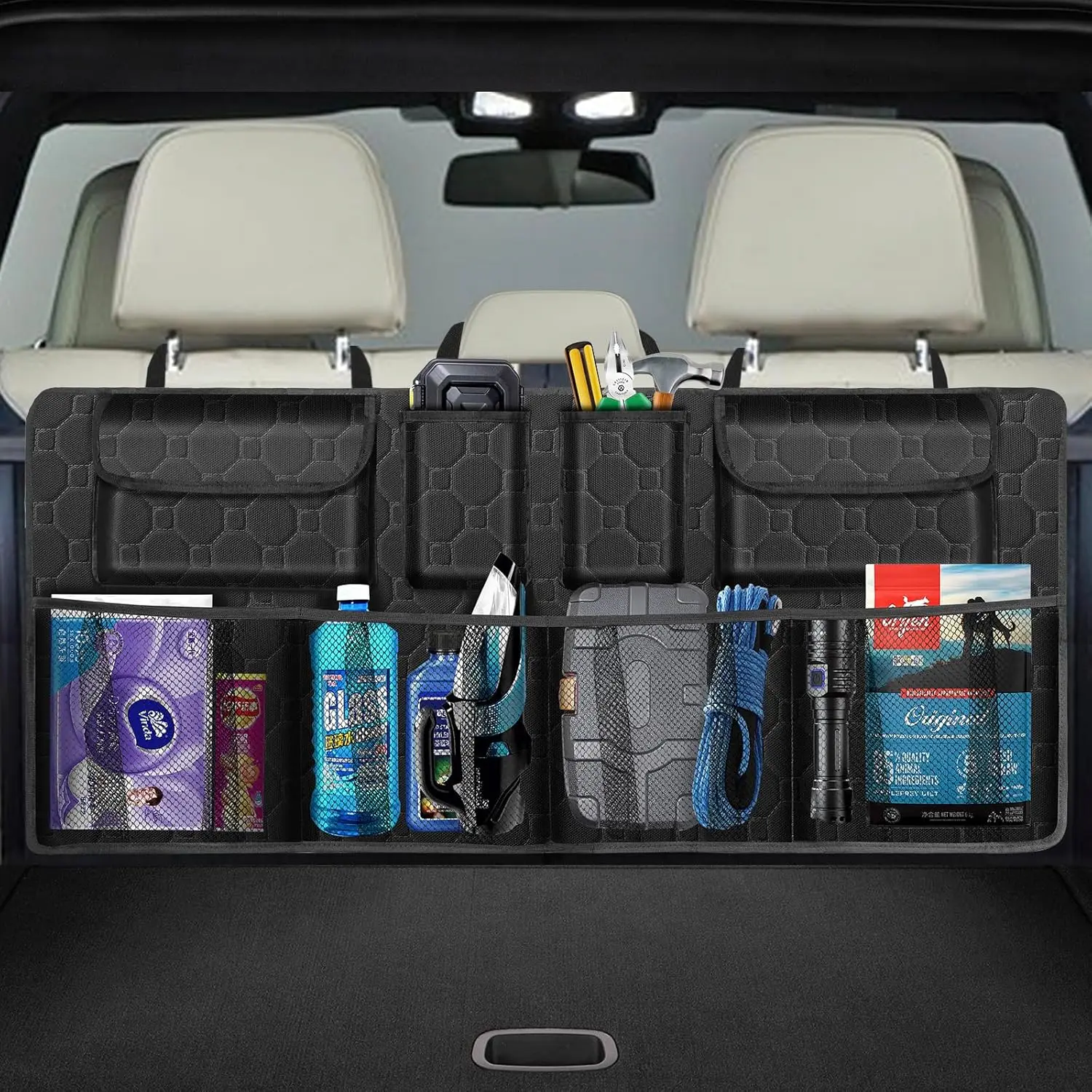 

Car Trunk Organizer, Super Capacity Backseat Organizer for SUV/Truck/MPV (42"x18"), Hanging Storage with 8 Pockets, Black