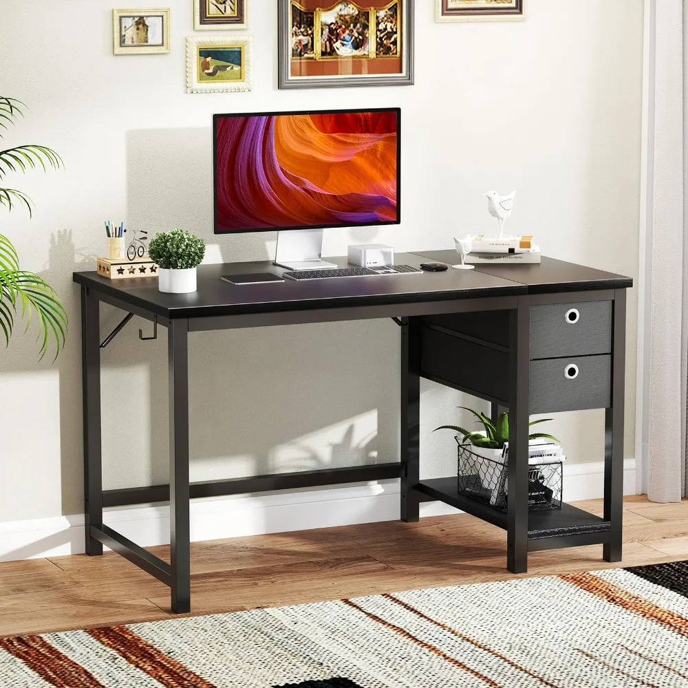 Computer Desk with Storage Drawers, Small Office Desk Modern Simple Study Writing Table for Home Bedroom,  with 2-Tier Drawer