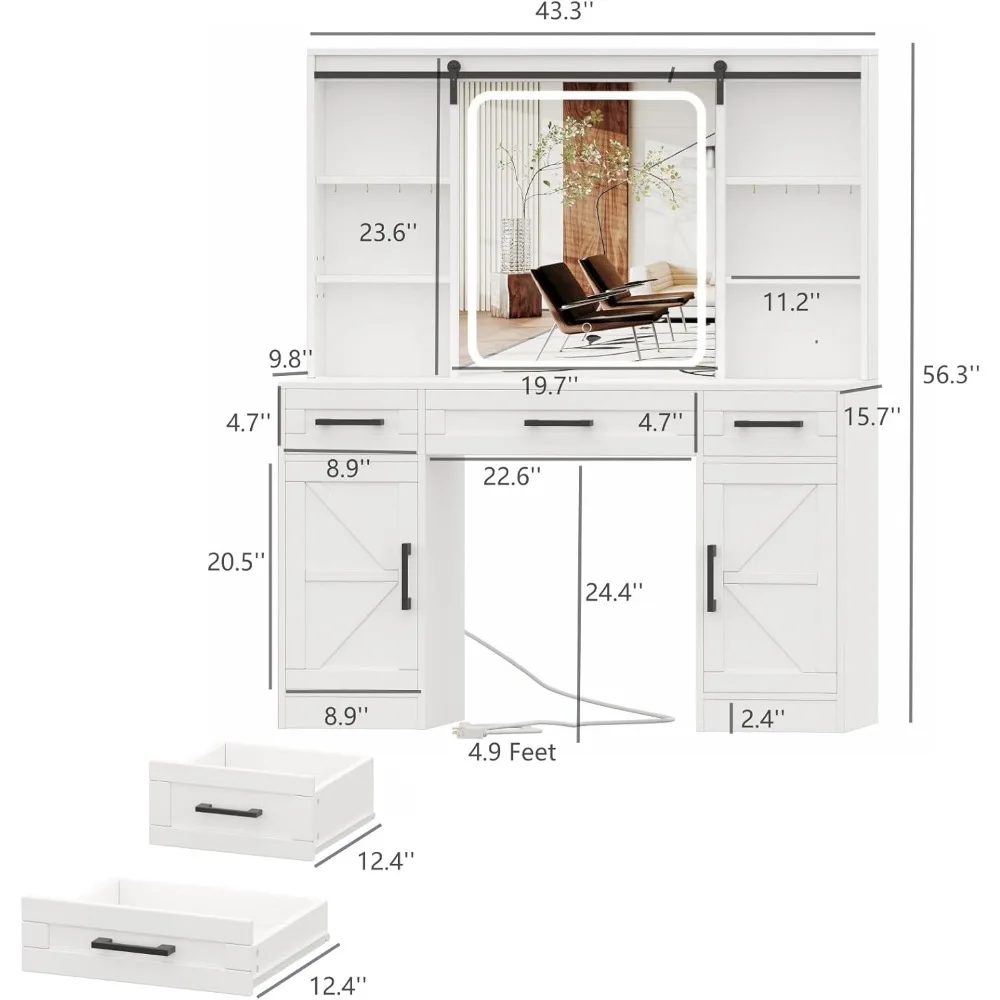 Bureau de maquillage de ferme avec miroir coulissant et station de charge, table de courtoisie avec lumières et étagères de rangement cachées