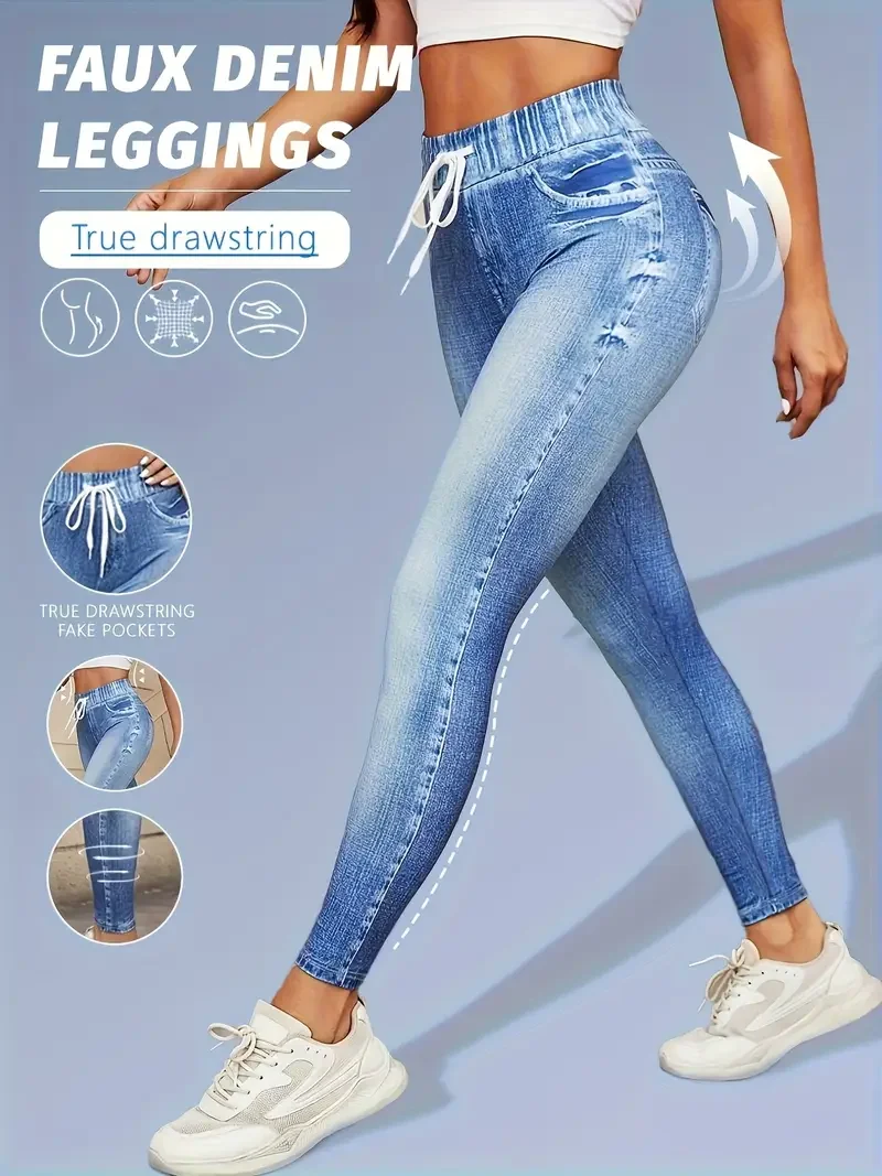 

High Stretch Drawstring Imitation Denim Inspired Leggings For Women High Waist Slim Fit Lifted Buttocks Tight Pants Leggings