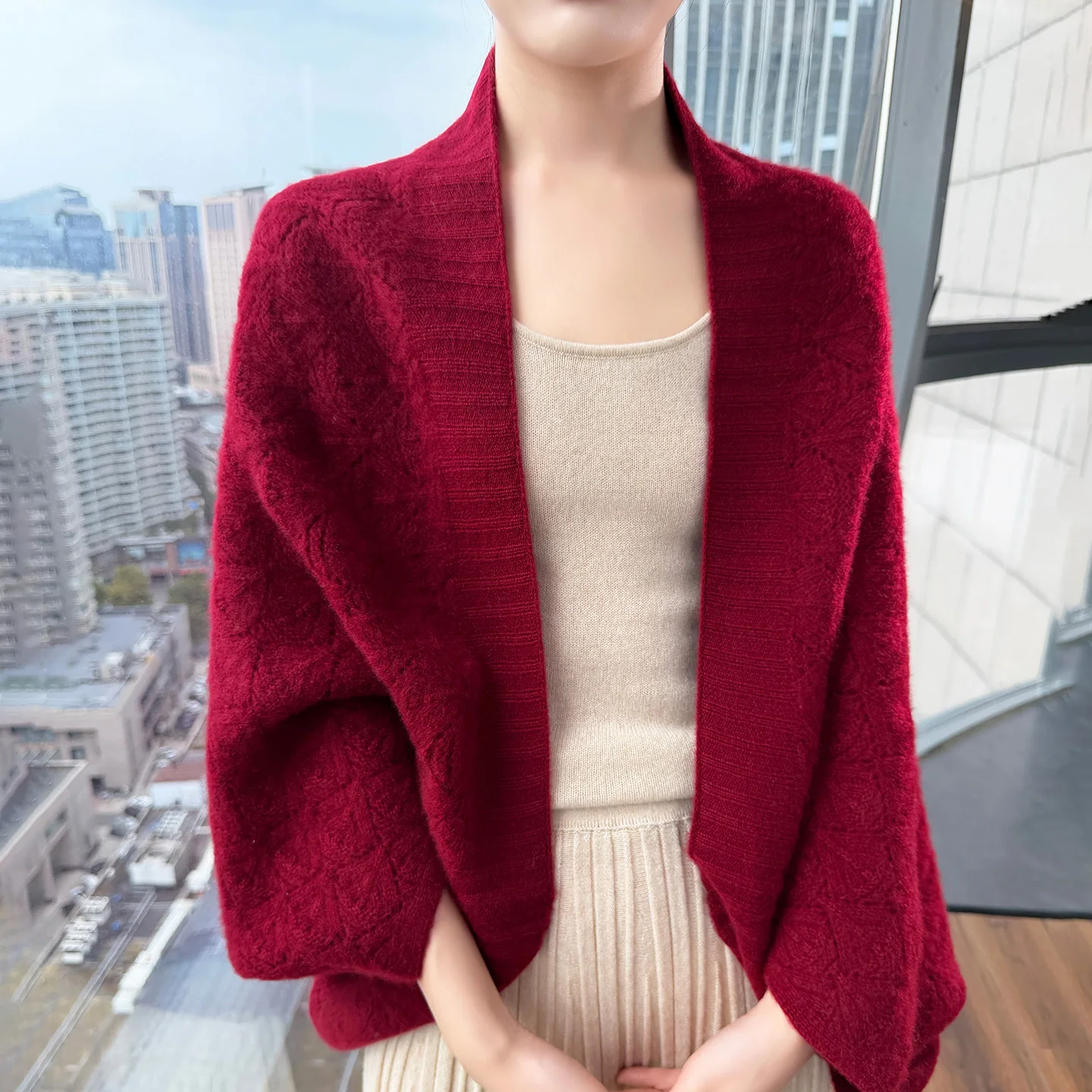 100% Wool Multifunctional Cardigan Scarf Women Autumn Winter Warm Shawl Wrap Solid Color Hollow Out Knitted Wrap Scarves 2026