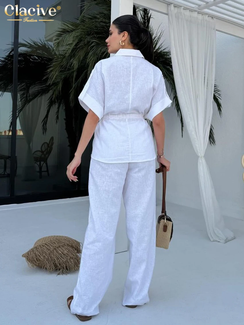 Clacive Summer Loose White Cotton 2 Piece Sets Women Outfit 2024 Fashion Short Sleeve Shirt With High Waist Pants Set Streetwear