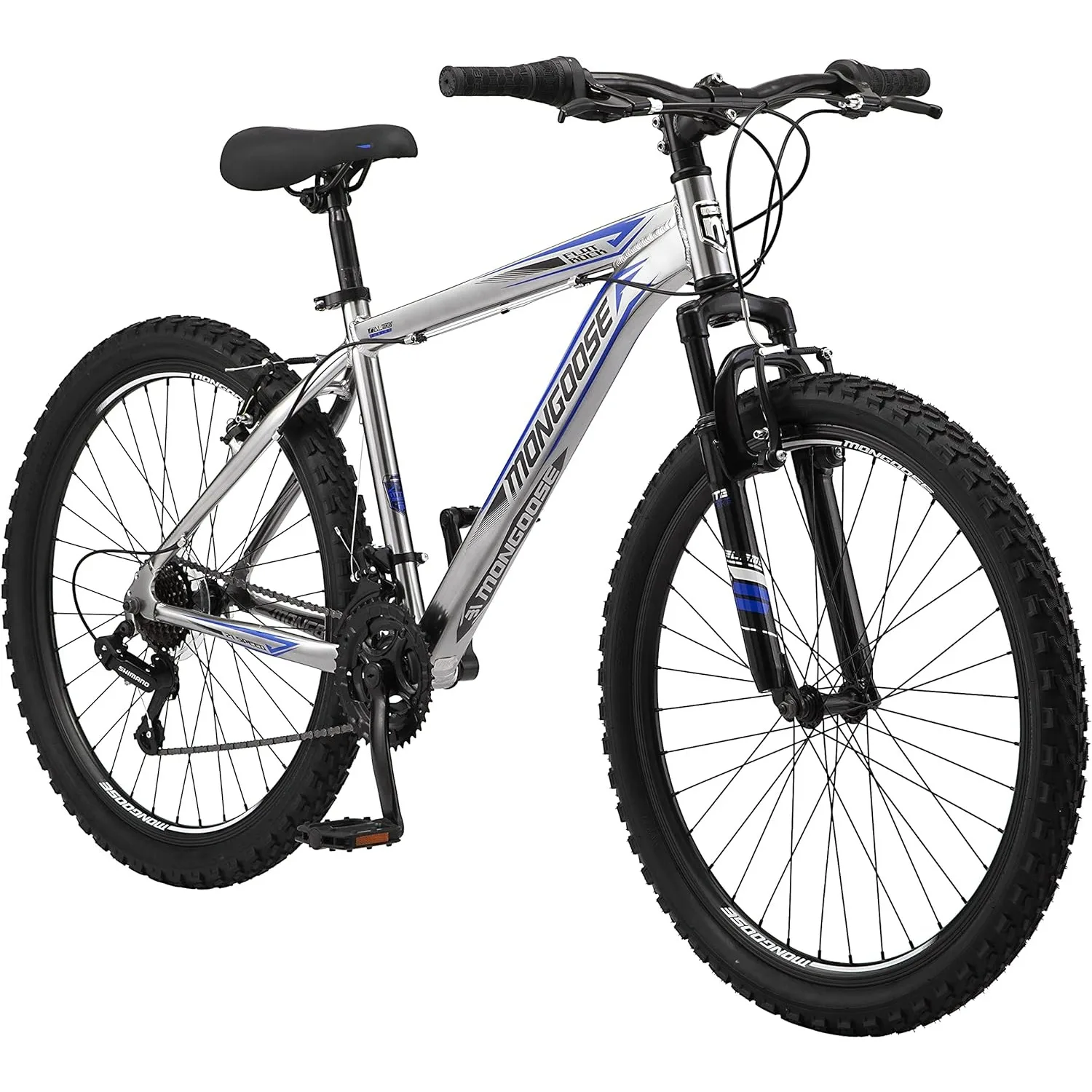 

Mongoose Flatrock Hardtail Mountain Bike for Men Women, 21-Speed Twist Shifters, 26-Inch Wheels, 17-Inch Aluminum Frame Options