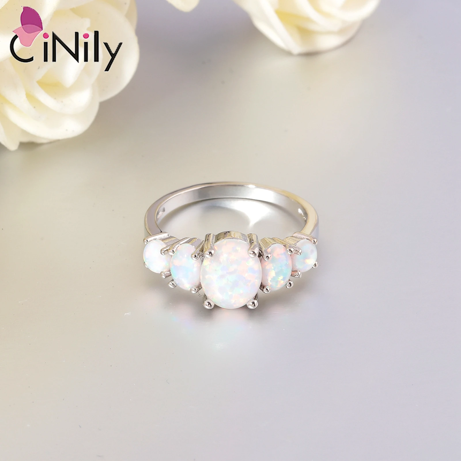 CiNily White Fire Opal Rings With Oval Big Stone Silver Plated Wedding Engagement Minimalist Bohemia Boho Jewelry Size 10 11 12