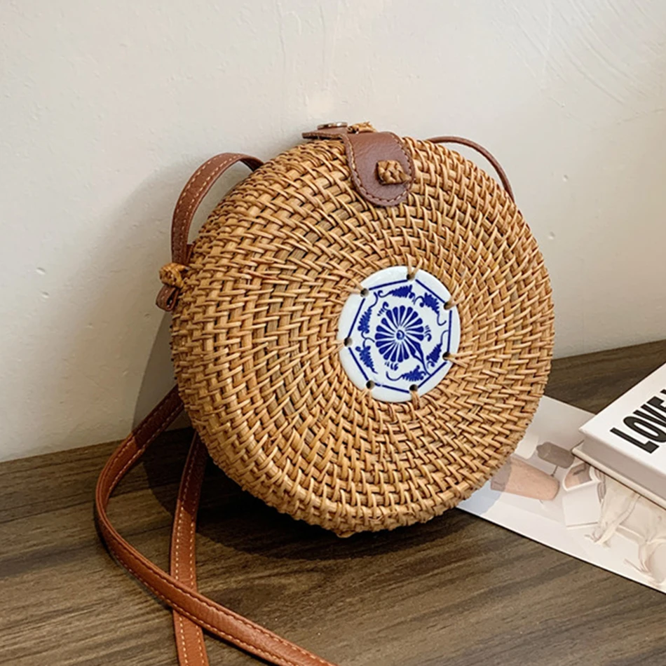 

Women's Beach Bags Trend Straw Round Woven Handmade Summer Fashion Circular Shoulder Bag Designer Small Crossbody Bag New In Sac