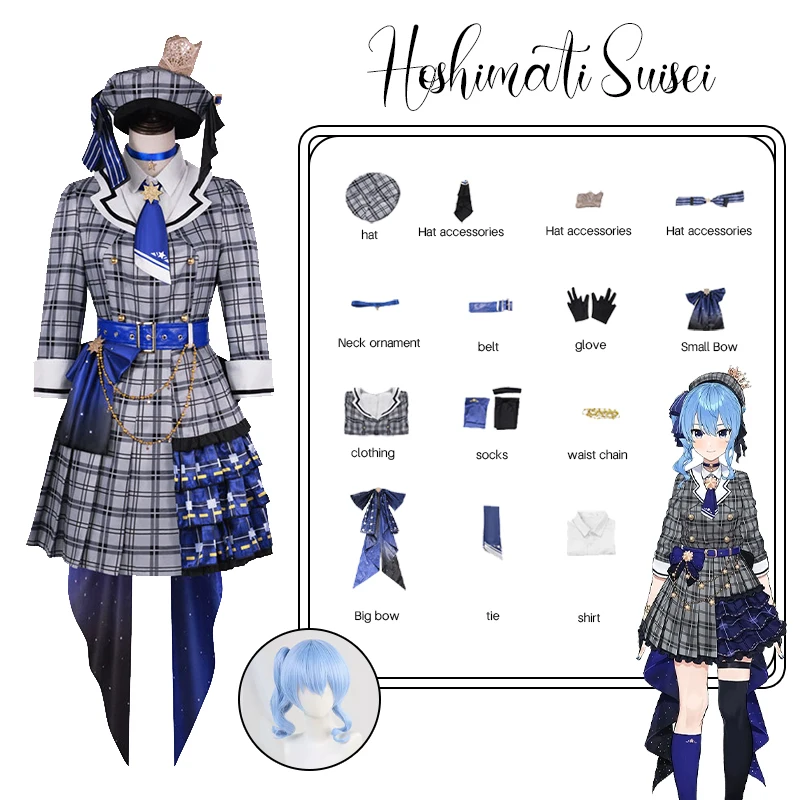 Japanese Virtural Hololive YouTuber Hoshimachi Hosimati Suisei Outfits Anime Cosplay Costumes Cute Girl Lolita Plaid Dress