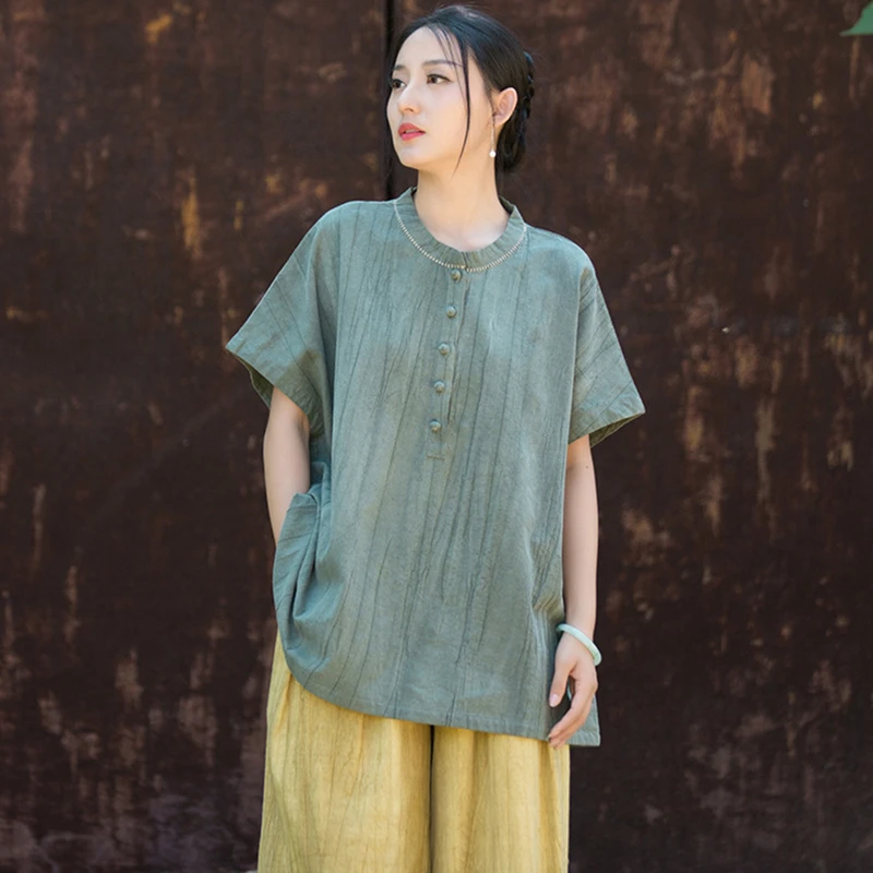 Oversized Women Cotton Linen Casual T-shirts New Arrival 2026 Summer Vintage Stand Collar Tie Dye Loose Female Tops Tees M2848