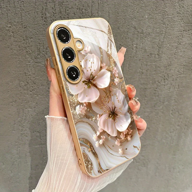 

Gold Dust Flower Pattern Glass Phone Case for Galaxy A25/A26A36/A52/A53/A54/A55/A56S25/S25 Ultra/S25 Plus/S25 Edge