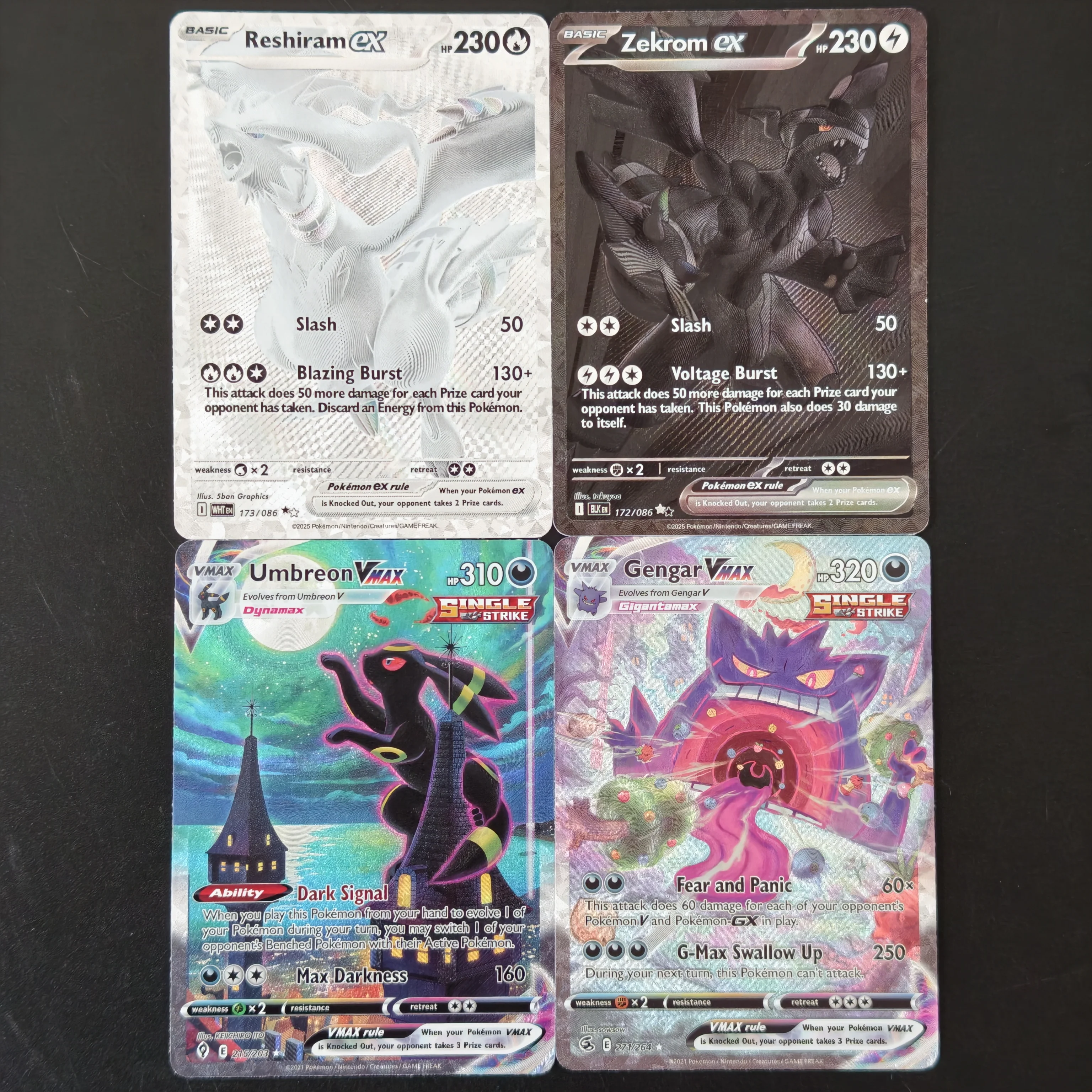 DIY English Pokemon Alternate Art Reshiram ex Zekrom ex Umbreon VMAX Gengar VMAX TCG Holo Flash Card Game Anime Cards Gift Toy