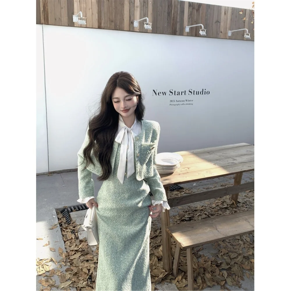 

Green Long Sleeve Cotton Jacket And Dress Set Women's Fashionable Autumn Winter Outfit Two-Piece Suit Elegant Style