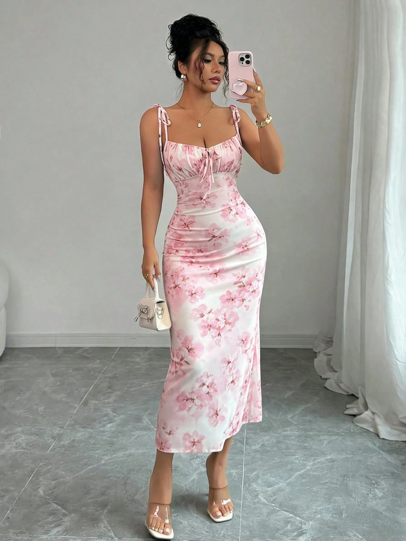 Flowy Pink Cherry Blossom Fishtail Skirt with Adjustable Shoulder Straps + Gathered Bust for a Strong Waist Cinch, Slim Fit, Hip-Hugging Mid-Length Skirt