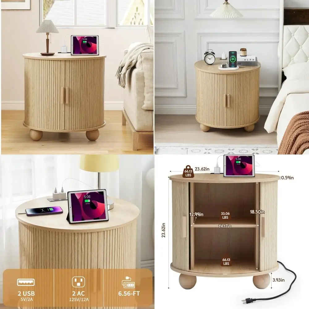 Large Round Farmhouse End Table with Charging Station and Sliding Door Storage