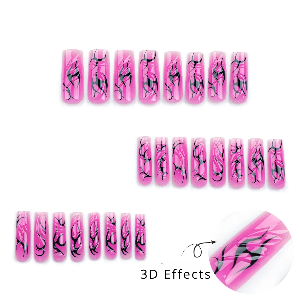 

24pcs/box Fake Nails Press on With Designs Set False Tipsy Stick-on Nails Tips Art Rectangular Armor 3D Halo Dye Nail Beauty