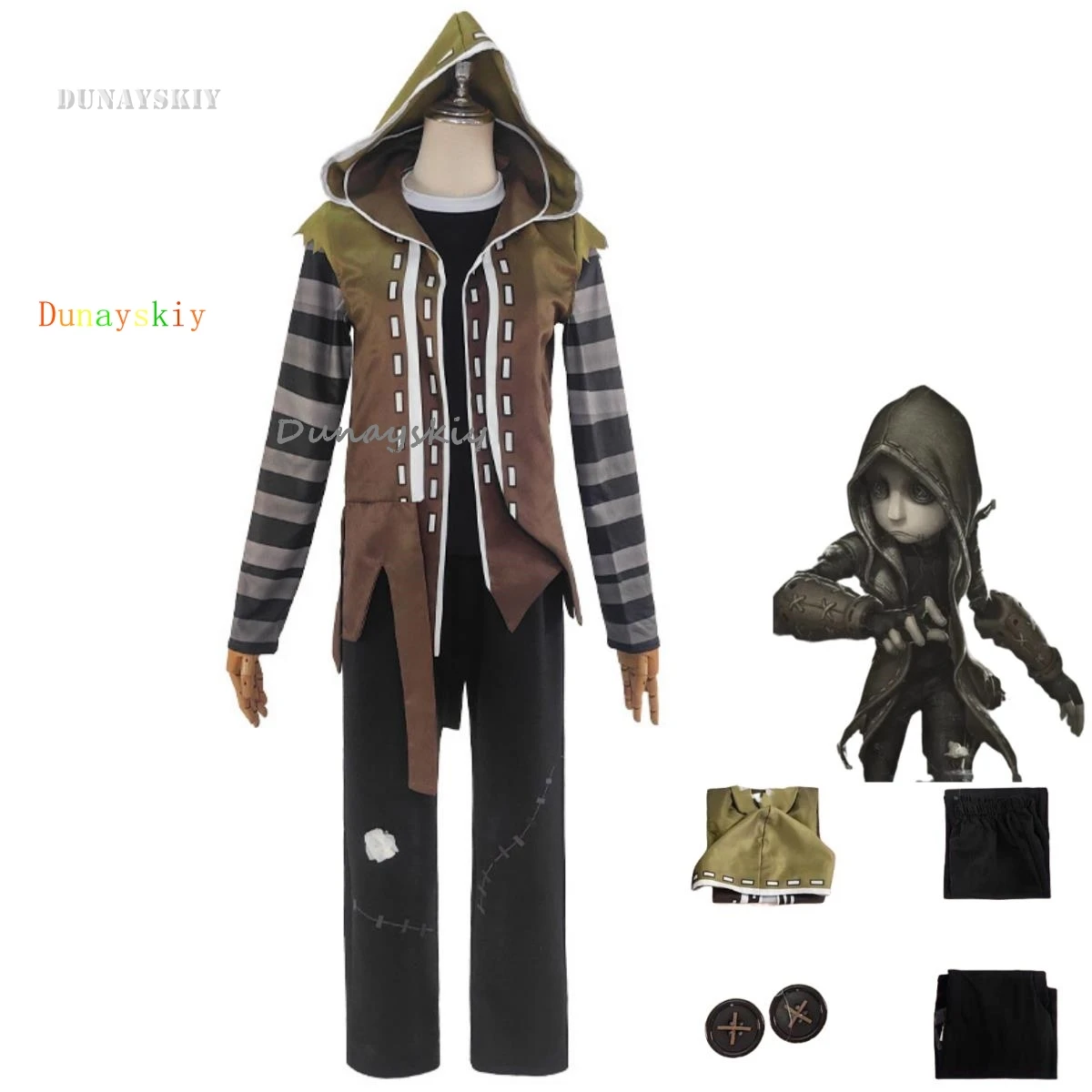 Anime Gioco Identità V Mercenario Naib Subedar Costume Cosplay Cappotto con cappuccio Stripe Manica lunga Uomo Carnevale Vestito di Halloween