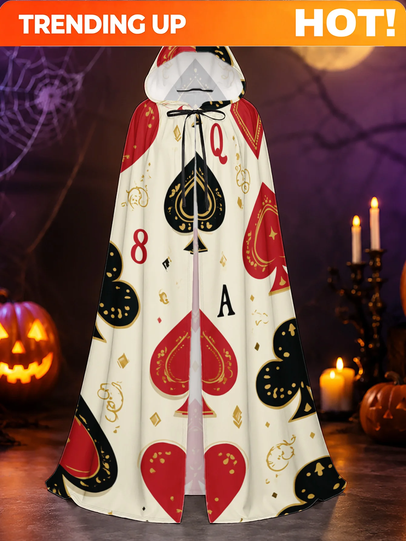 Customization 1pc Men' & Hooded Cloak Costume With Playing Card Symbols (Jester, /Queen) - Stretchable Polyester Hooded Robe For