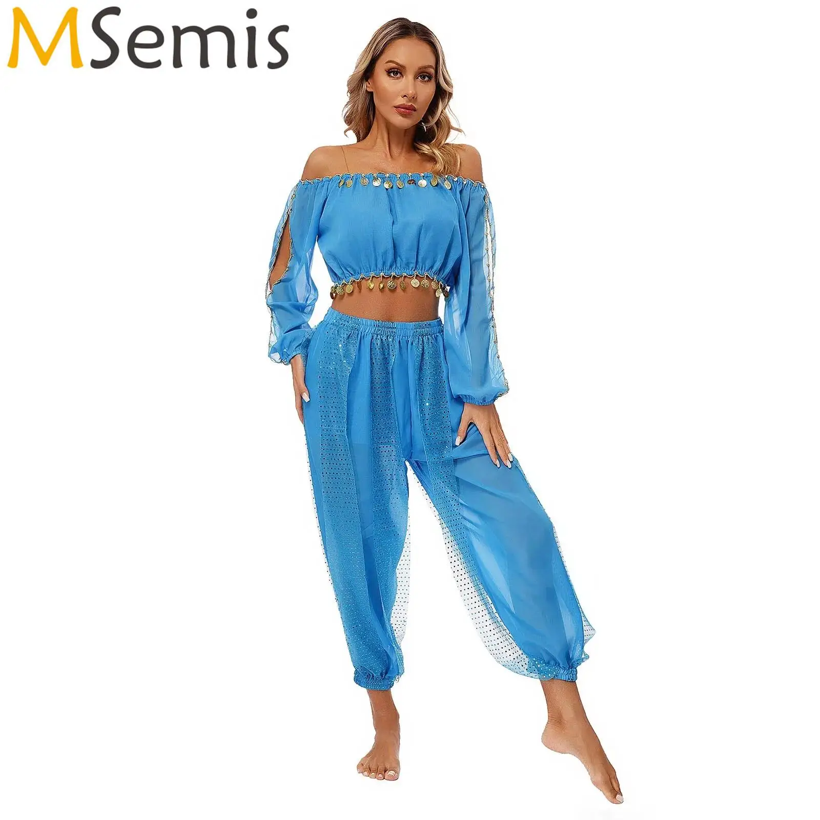 Top de manga longa feminino com lantejoulas, calças de chiffon, dança do ventre, traje de carnaval dividido, festa temática