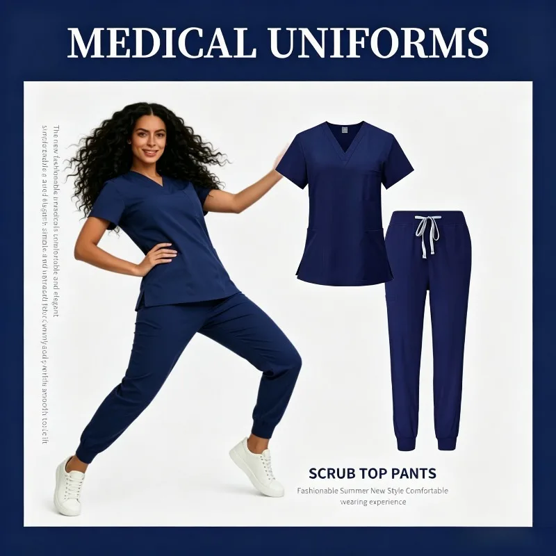 Unisex Practical Work Set Two-piece Frosted Jogging Suit Elastic V-neck Shirt with Pockets and Slim Fit Sweatpants Suitable