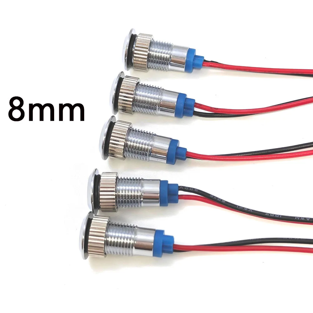 5pcs 8mm Waterproof Metal Indicator Light Warning LED Signal Lamp Pilot Wires Switch 6V 12V 24V 220V Red Green Blue White Yellow