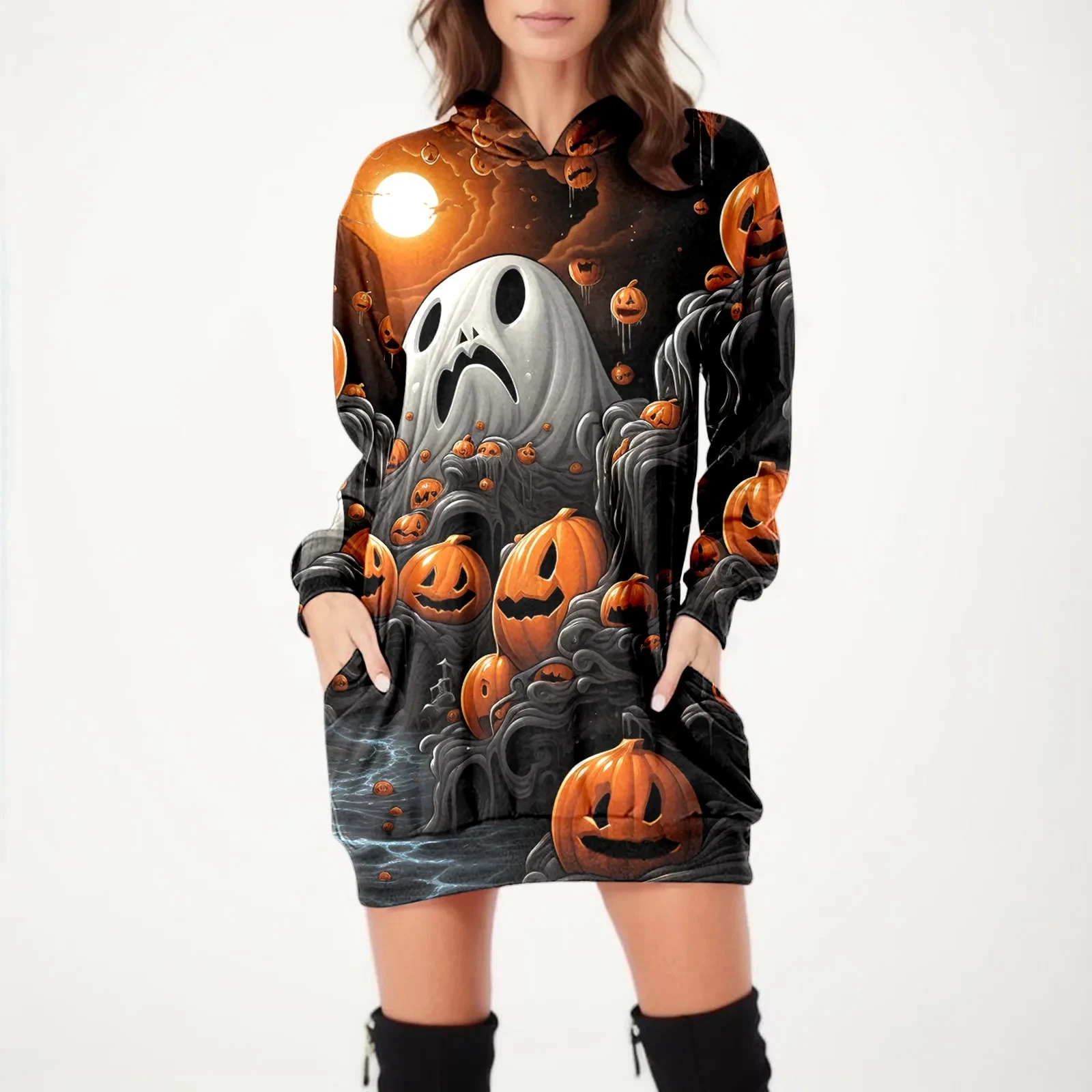 

Halloween Hooded Dress Printed Hoodie Ghost Women's Daily Workout Long Sleeve Pullover Autumn Winter Loose Tee Traf Vestido Bat