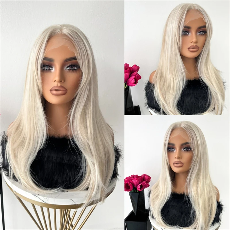 

Ombre Белый Платиновый Блондин Синтетический Парик Фронта Шнурка HD Кружева Средняя Часть Многослойный Парик Натуральная Предварительно Сорванная Линия Волос с Волосами Младенца