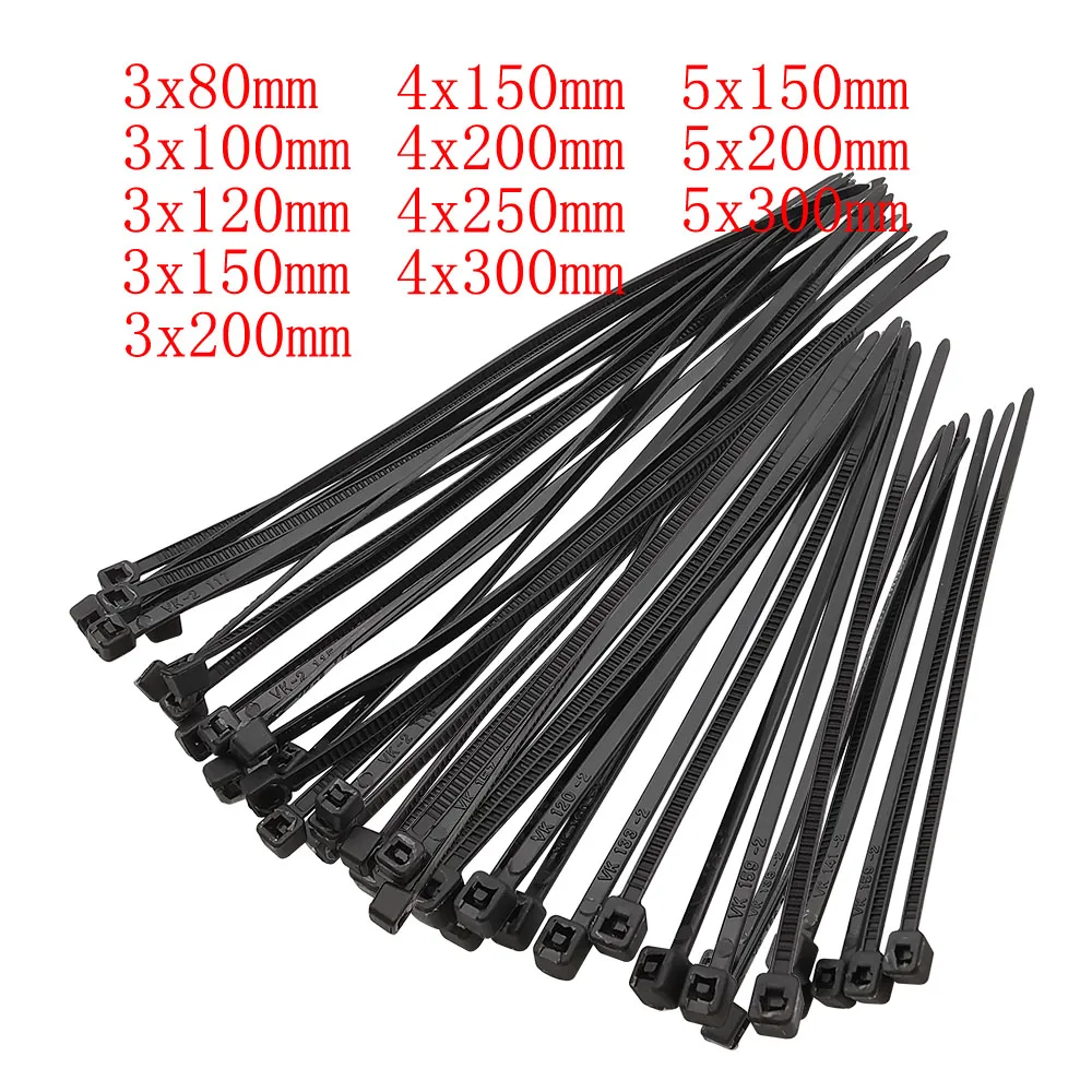 100Pcs Black Cable Ties Self-locking Plastic Nylon Wire Cable Zip Tie Clamps Assorted Size Fastening Ring 3x80mm 4x150mm 5x200mm