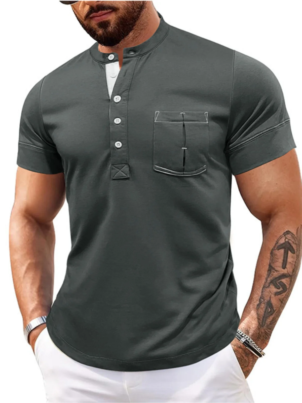 

Casual ort Sve irt Men's round Ne Open Hem Leisure Henry Top Cotton Blend Fabric Modern Sle Summer Wear