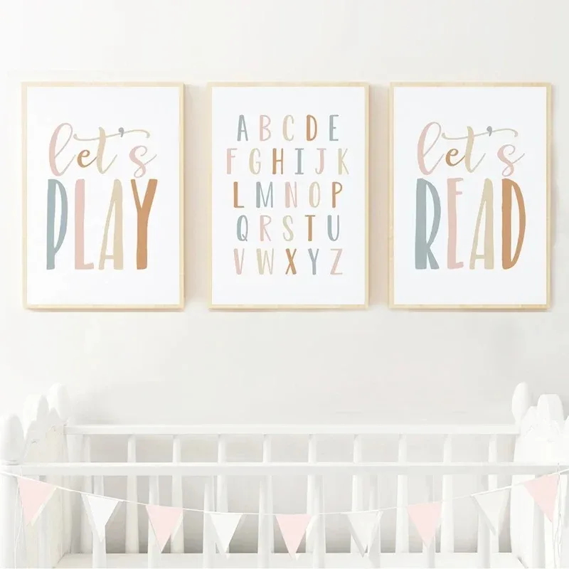 Play Room Alphabet Poster and Print Nordic Let’s Play Let’s Read Canvas Painting Wall Art Picture for Bedroom Decor