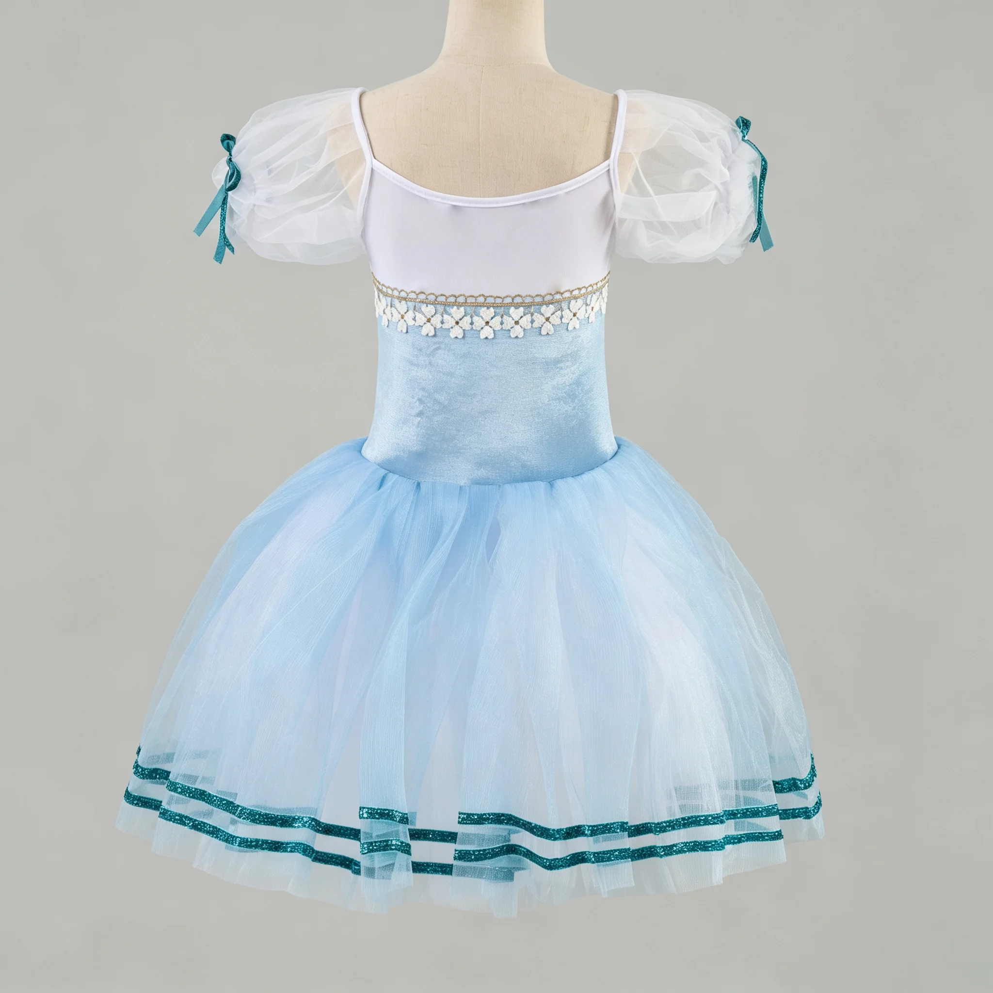 Girls Romantic Ballet Tutu Dress Puff Sleeve Light Blue Corset Floral Lace Tulle Skirt Kids Stage Performance Dance Costume