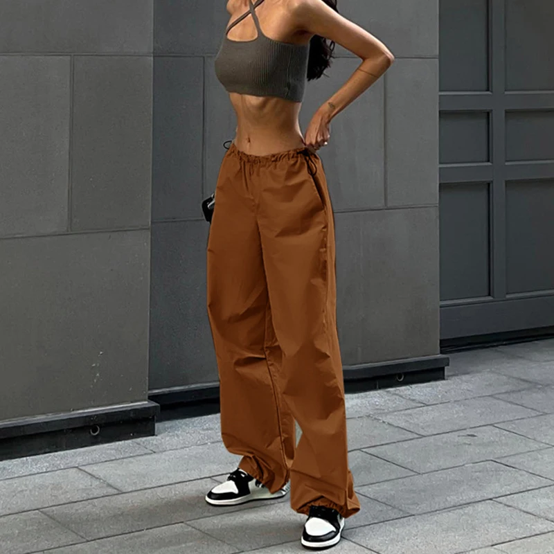 Y2k kargo kadınlar İpli pantolon düşük bel Sweatpant Streetwear Vintage Baggy geniş bacak pantolon boy paraşüt koşucu pantolonu