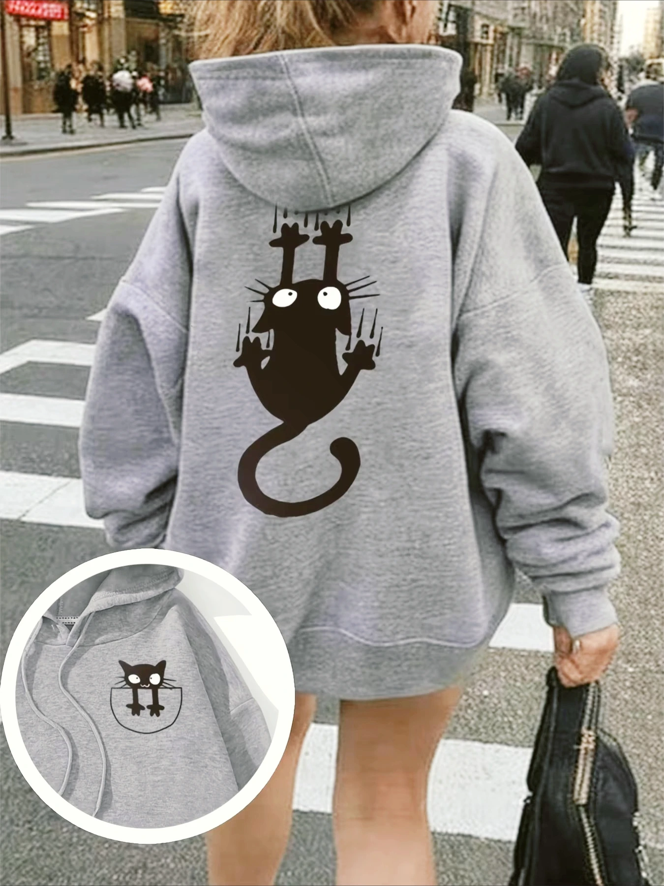 Cute Cat Pattern Print Women's Casual Daily Hoodie Sweatshirt Long Sleeve with Pocket Autumn Winter Warm Regular Size Women Top