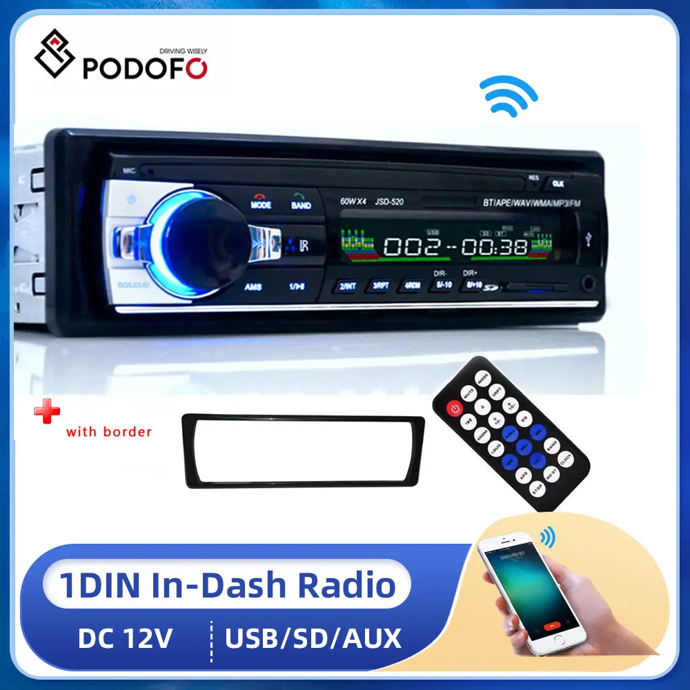 Podofo Autoradio 1 Din Bluetooth Radio Car 12V JSD-520 SD AUX-IN MP3 Player FM USB Auto Stereo Audio Stereo In-dash Radio Coche