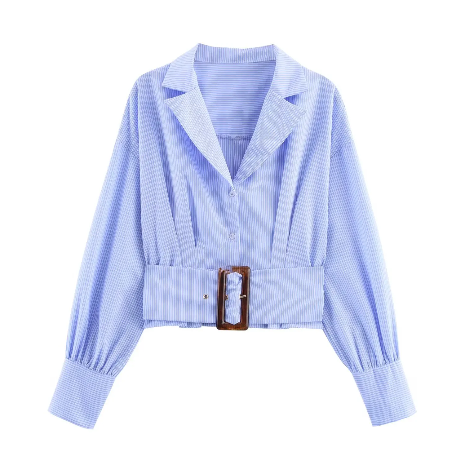 

Topenomi Casual Blue Striped Long Sleeve Shirts Women 2025 Autumn Lapel Belt Waist Button Up Blouses Simple Office Lady Crop Top