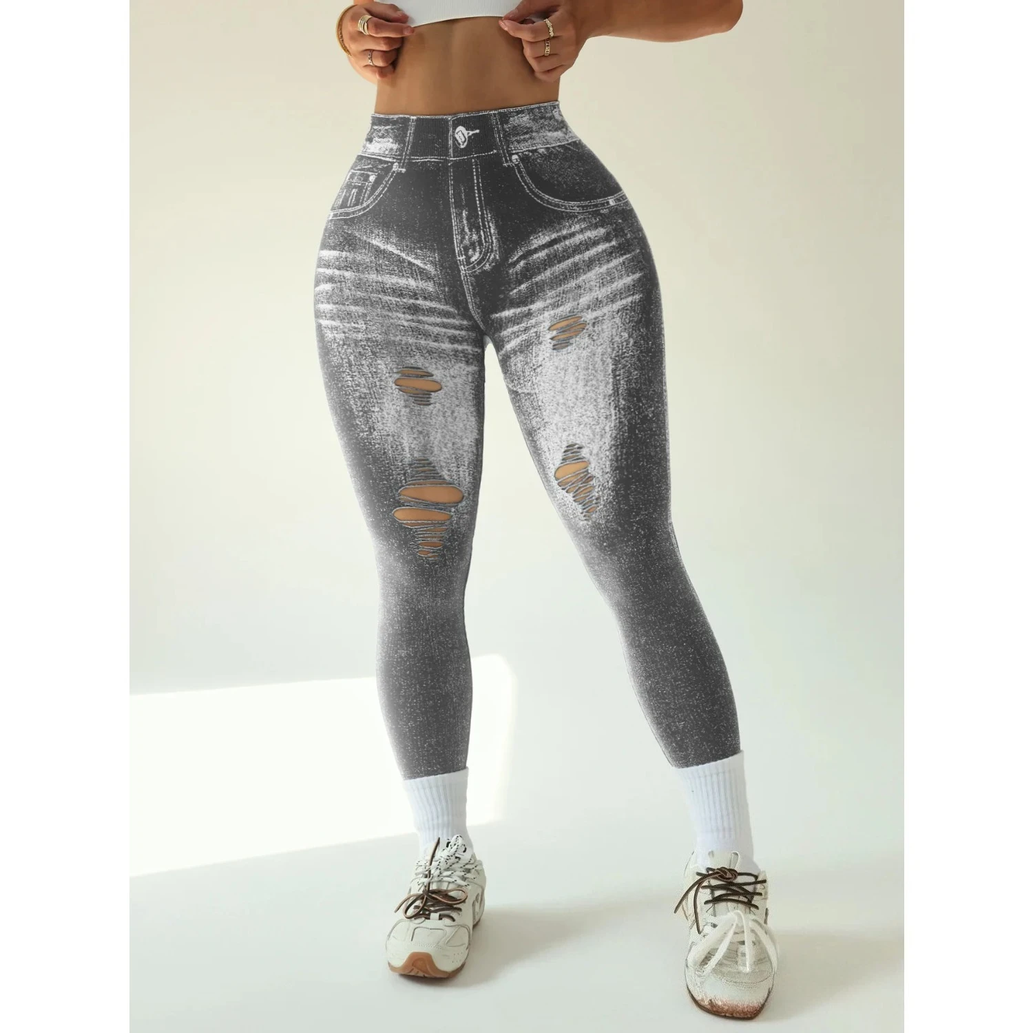 Damen Gym Bedruckte Yoga-Leggings Nahtlose Hochtaillierte Denim-ähnliche Perforierte Hosen mit Fake-Taschen Yoga Fitness Leggings – Detail 23