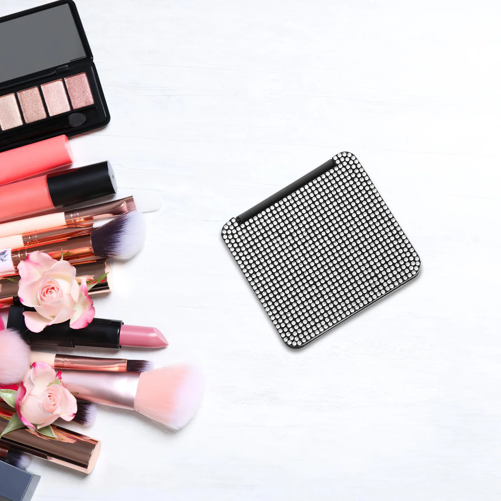 مرآة مكياج صغيرة قابلة للطي من بلينغ، مرآة محمولة مدمجة من حجر الراين لمحفظة السفر والمكتب وإكسسوارات السفر للفتيات