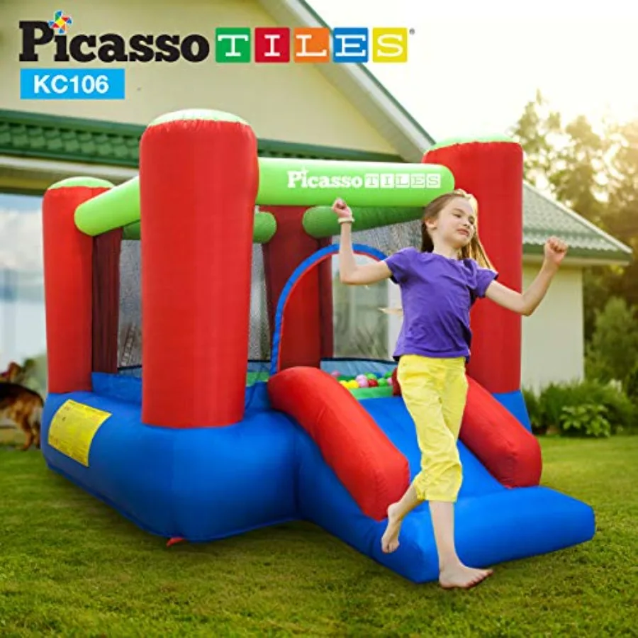 Junior inflatable bouncer for backyard play, PVC vinyl material, blue and red color, includes 50 pit balls, 3-sided mesh safety