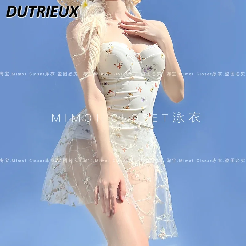 Print Vacation Seaside Sweet Girls Spa One-piece Suspender Swimsuit and Gauze Skirt Gathering Swimwear Bathing Suit for Women