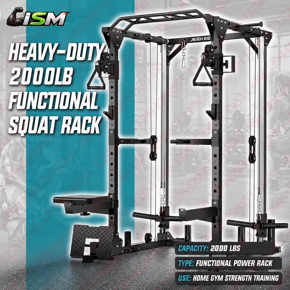 Gaiola de Força Reforçada 2000LB, Rack de Agachamento Multifuncional, Crossover de Cabos, 20+ Acessórios, Equipamento de Fitness para Treino de Força em Casa