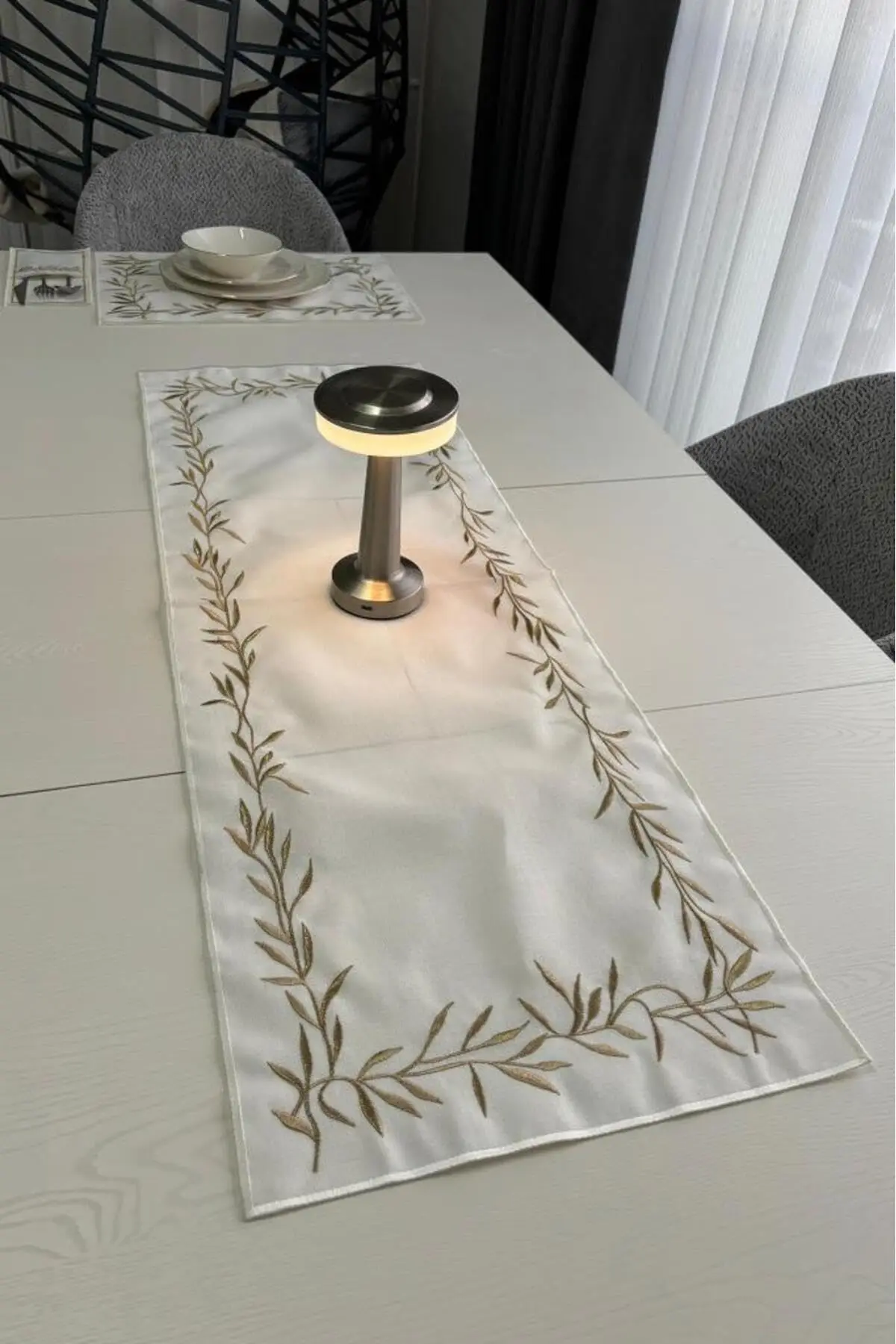 Nazlım Linen Embroidered Placemat Set - 19 Pieces - Gold Color - Includes 6 Placemats (18.9 x 13 in), 6 Cocktail