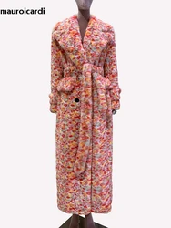 Mauroicardi Winter Maxi Colorful Multicolored Thick Warm Soft Faux Fur Coat Women Pockets Loose Casual Chic Furry Overcoat 2024