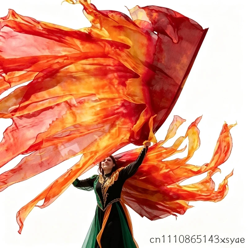 100% Genuine Silk Prophetic Praise Dance Flag 3-Layer Tail Rectangle Worship Flame Streamer Church Dance Swallow Flag for Stage