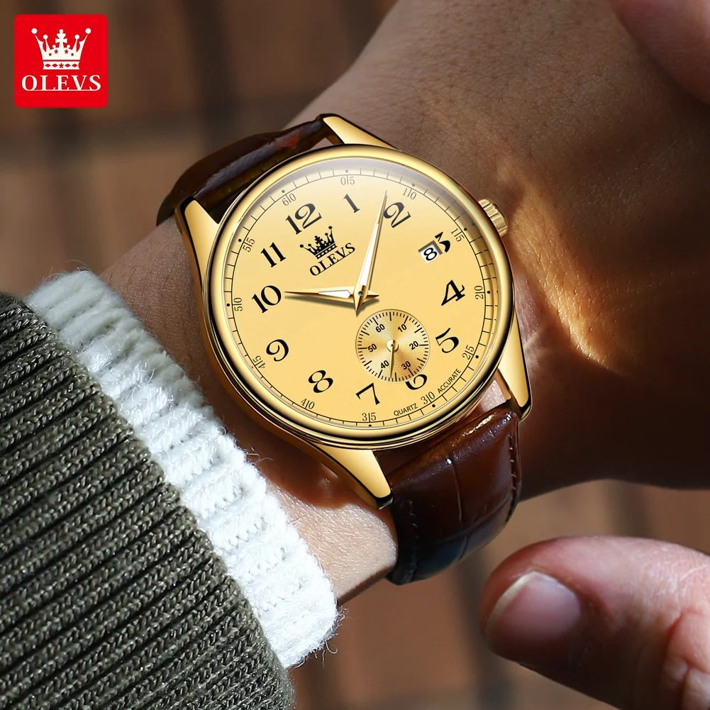 OLEVS 3622 Number Scale Quartz Watch For Men Leather Strap Original Waterproof Luminous Calendar Top Brand Fashion Man Watch image 4