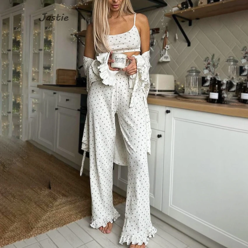 Love Paeetrn Casual Ribbed Pajamas Belted Cardigan+Camis+Wide Leg Pant Three Piece Set Print Spring Women Suit Loose Homewear