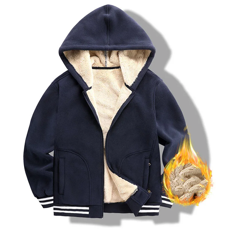 2025 Autumn Winter Men Plush Coat Striped Long Sleeve Male Outerwear Fleece Simple Versatile Comfortable Man Hooded Coat
